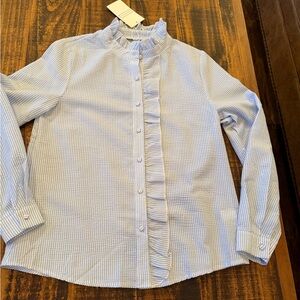 Light Blue Striped Ruffle Button-Down Blouse